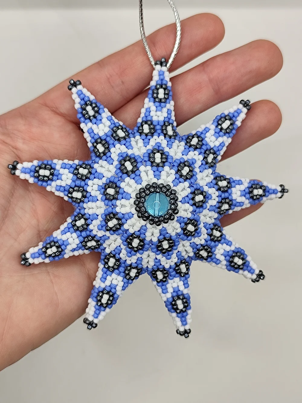 Beaded Starburst Ornament in Blue, White & Black - Holiday Hanging Decoration